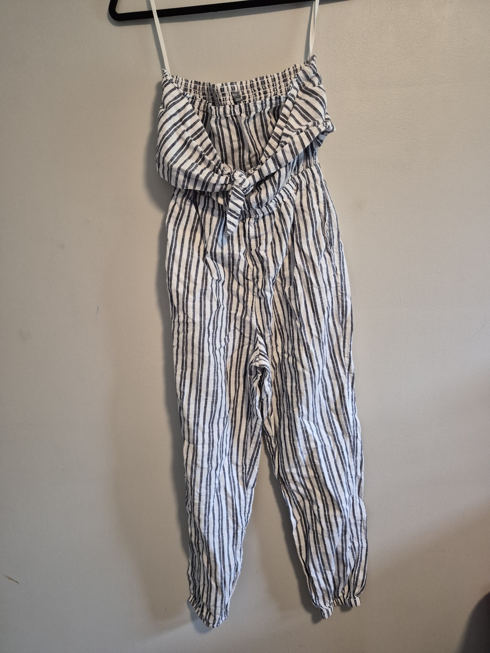 Aaerie Small White & Navy Striped Strapless Pants Jumpsuit